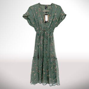 New With Tags - Vero Moda Green Floral Midi Tie Waist Chiffon Dress (XS)
